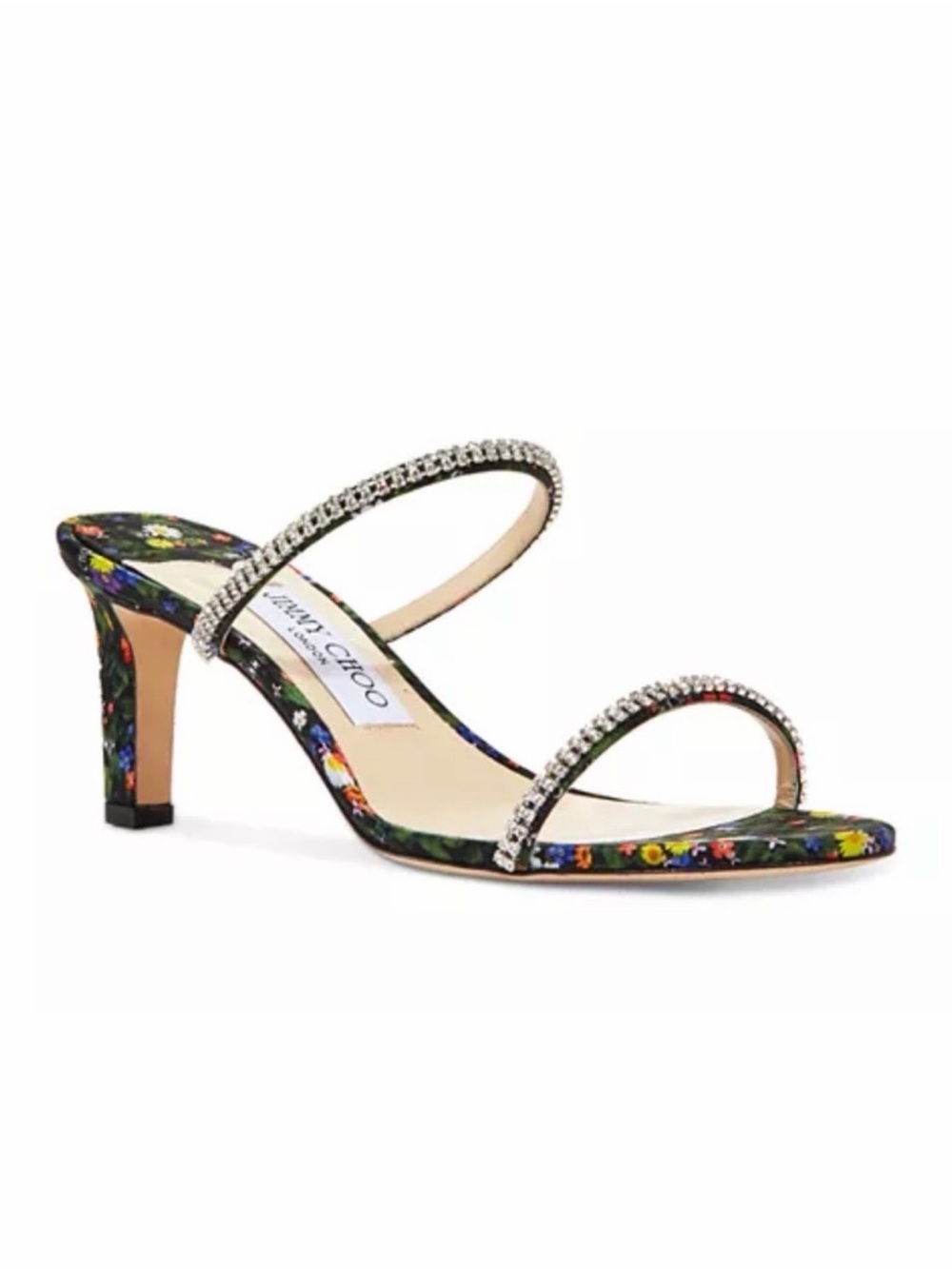 Jimmy Choo Black Floral Crystal-Strap Mid-Heel Sandal